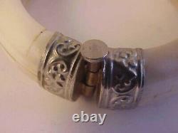 Antique Vintage India Cow Bone Sterling Silver Hinged Pull Pin Bangle Bracelet