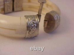 Antique Vintage India Cow Bone Sterling Silver Hinged Pull Pin Bangle Bracelet