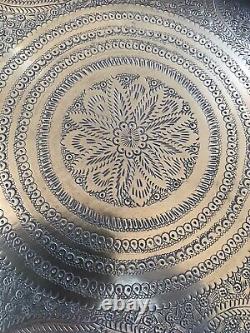 Antique Vintage Indian Benares Folding Wooden Brass Side Coffee Occasional Table
