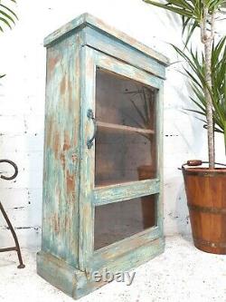 Antique Vintage Indian Blue Wooden Glazed Display Bathroom Kitchen Cabinet