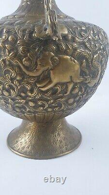 Antique Vintage Indian Engraved Brass Urn Vase With Cobra Snake Handle Large Old