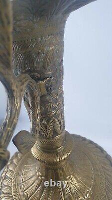 Antique Vintage Indian Engraved Brass Urn Vase With Cobra Snake Handle Large Old