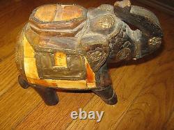 Antique Vintage Indian Hand Carved Wood Bone Inlay Brass Metal Elephant