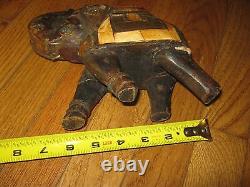 Antique Vintage Indian Hand Carved Wood Bone Inlay Brass Metal Elephant