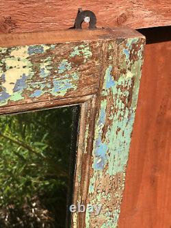 Antique Vintage Indian Mirror Solid Teak Frame Jade Yellow Turquoise Blue 2