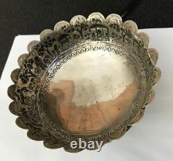 Antique Vintage Indian Scenic Figural Solid Silver Fluted Pedestal Bowl Dish
