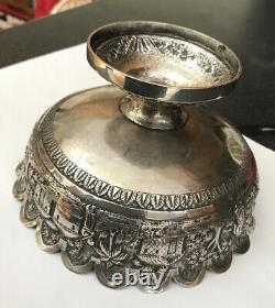 Antique Vintage Indian Scenic Figural Solid Silver Fluted Pedestal Bowl Dish