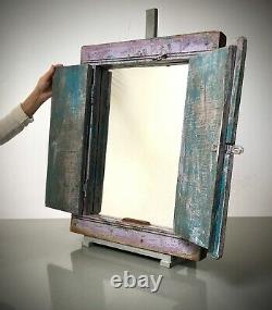 Antique Vintage Indian Shuttered Window Mirror. Distressed Two-tone Lilac & Teal