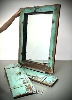 Antique Vintage Indian Shuttered Window Mirror. Vintage. Baby Blue & Jade