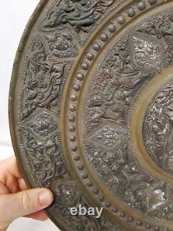 Antique Vintage Indian South East Asian Bronze Charger Silver Repousse Work