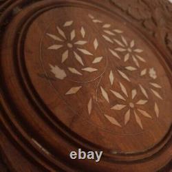 Antique Vintage Indian Table Carved Inlaid Wooden Folding Octagonal Round Top