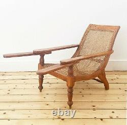 Antique Vintage Indian Teak Rattan Colonial Planter's Plantation Lounge Chair
