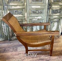 Antique Vintage Indian Teak Rattan Colonial Planter's Plantation Lounge Chair