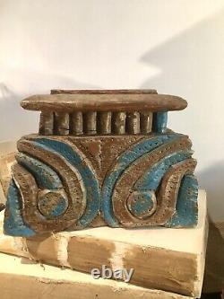 Antique Vintage Large Indian Candle Stand Column Head Re Purposed Blue Teak