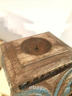 Antique Vintage Large Indian Candle Stand Column Head Re Purposed Blue Teak