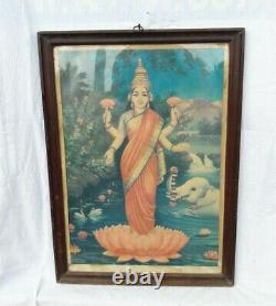 Antique Vintage Litho Print Hindu Goddess Lakshmi Rosewood Framed Wall Decor