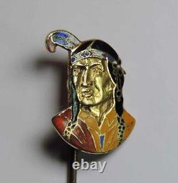 Antique Vintage Native American Indian Detailed Enamel 14K Yellow Gold Stick Pin