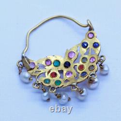 Antique Vintage Nose Ring Nath 22k Gold Gems Rubies Pearls Coral Indian (6437)