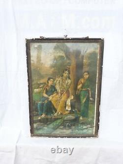 Antique Vintage Old German Lithograph Print Hindu Lord Krishna Singing Flute
