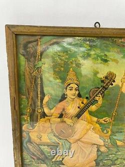 Antique Vintage Old Print Religious Goddess Saraswati Framed Wall Decor NH5932