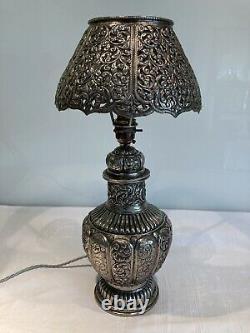 Antique Vintage Ornate Silvered Metal Indian Table Lamp & Shade Refurbished