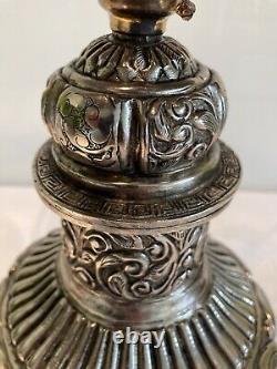 Antique Vintage Ornate Silvered Metal Indian Table Lamp & Shade Refurbished