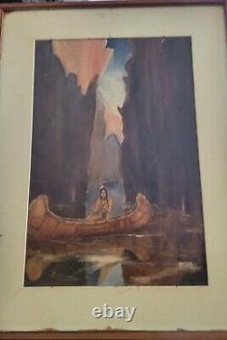 Antique Vintage Painting American Indian in Canoe Navigating Canyon on Canvas