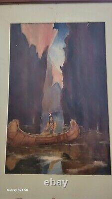 Antique Vintage Painting American Indian in Canoe Navigating Canyon on Canvas