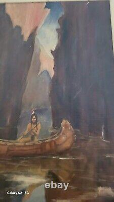 Antique Vintage Painting American Indian in Canoe Navigating Canyon on Canvas