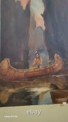 Antique Vintage Painting American Indian in Canoe Navigating Canyon on Canvas