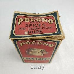 Antique Vintage Pocono Spice Tin Native American Indian Advertising Box Allspice