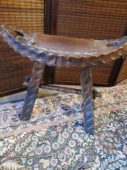 Antique / Vintage Primitive Wooden Hand Carved Stool. Animal Hide seat