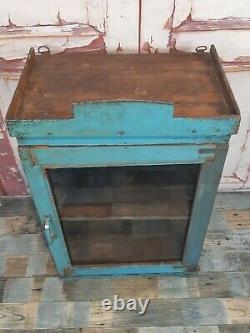Antique Vintage Rustic Blue Wooden Indian Display Bathroom Kitchen Wall Cabinet