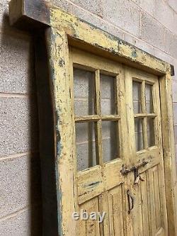 Antique Vintage Rustic Indian Glass Panel Wooden Door With Frame