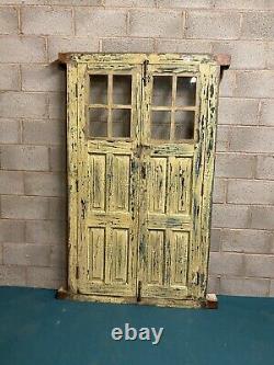 Antique Vintage Rustic Indian Glass Panel Wooden Door With Frame