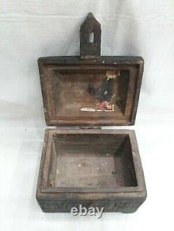 Antique vintage 1800's no joints single wood wooden trinket box with carvings