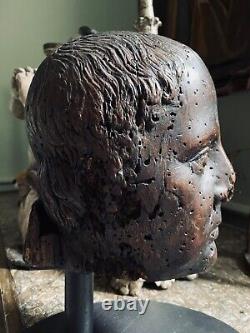 Antique vintage wooden carved head bust patina wood worm Roman