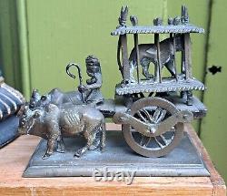 Antiques Vintage Indian Old Brass Bullock Cart With Man Cow And Animal Cage