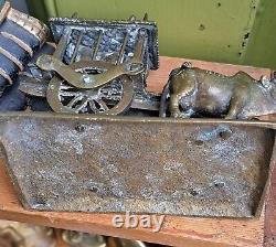 Antiques Vintage Indian Old Brass Bullock Cart With Man Cow And Animal Cage