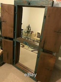 Authentic Indian Double Shuttered Window Frame Mirror Teak Distressed Vintage