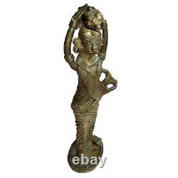 Bastar Dhokra Brass Sculpture Woman & Child Carrying Wood Vintage India Gilded