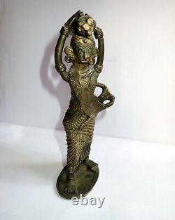 Bastar Dhokra Brass Sculpture Woman & Child Carrying Wood Vintage India Gilded