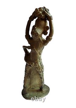 Bastar Dhokra Brass Sculpture Woman & Child Carrying Wood Vintage India Gilded