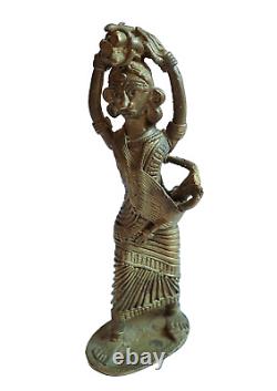 Bastar Dhokra Brass Sculpture Woman & Child Carrying Wood Vintage India Gilded