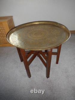 Brass Benares tray engraved On Stand Table foldable Large Antique