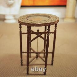 Carved Indian Side Table Moorish Tray on Stand Brass Wood Antique Vintage