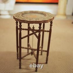 Carved Indian Side Table Moorish Tray on Stand Brass Wood Antique Vintage
