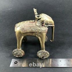 Cast Iron Indian Asian Elephant Pull Toy on Wheels Bronze Colored VTG Ancient