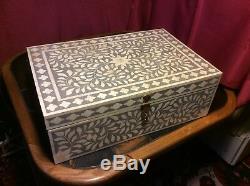 Chest Jewellery Bone Inlay Box Vintage Antique Decorative Wooden Desk 46 by 31cm