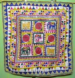 Ethnic Indian Embroidery Vintage Mirrors Panel Wall Hanging Elephant Lion